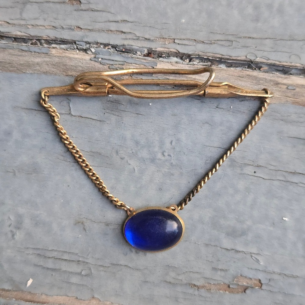 VTG Anson Collar Bar Mens Gold Blue Cabochon Glass Chain Dangle Mid Century USA‎